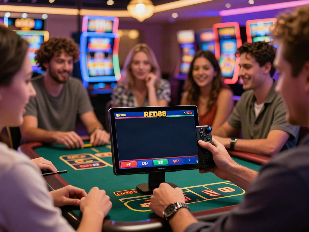 Excited players engaging with the RED88 online gaming platform, showcasing a vibrant casino atmosphere.