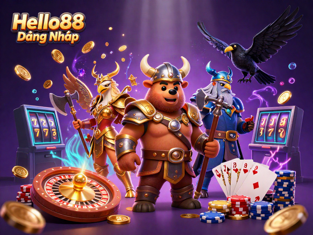 Experience the excitement of Hello88 Đăng Nhập with vivid casino-themed characters and dynamic elements.