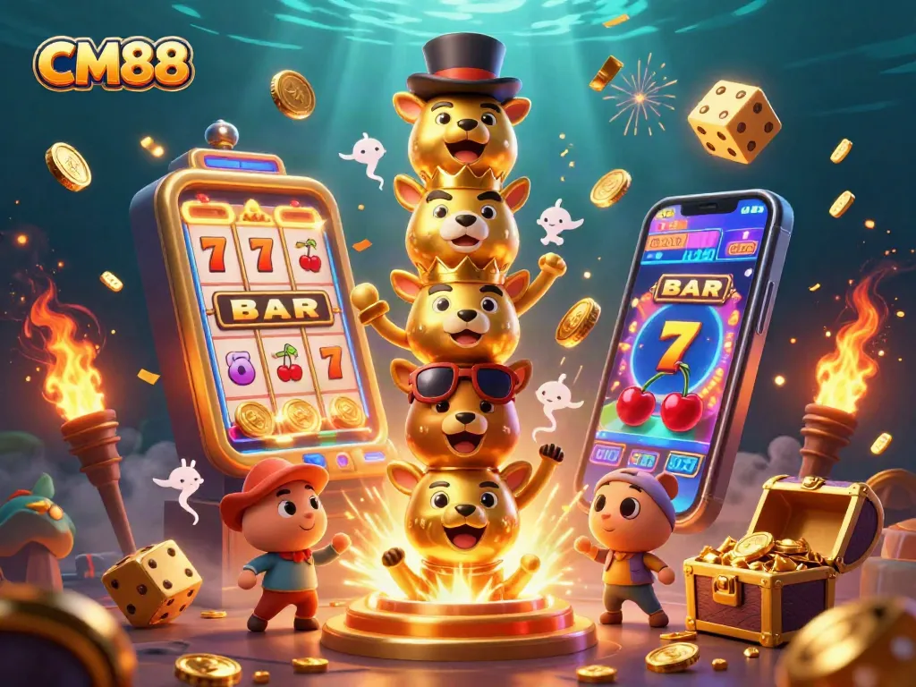 Exciting gaming experience at CM88 with golden totem and jackpot explosion in a vibrant casino environment.