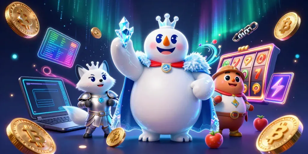Experience the thrill of MMOO with cartoon polar bear royalty and cryptocurrency elements in a vibrant casino scene.