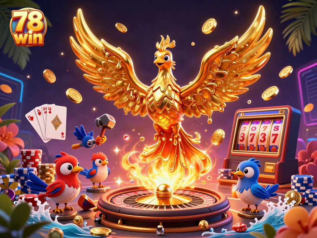 Engage in thrilling games with 78 win, showcasing a fiery golden phoenix and casino elements in a rich 3D scene.