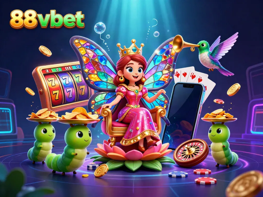 Engage in vibrant gaming with 88 vbet's colorful illustration of butterfly queen and jackpot elements.