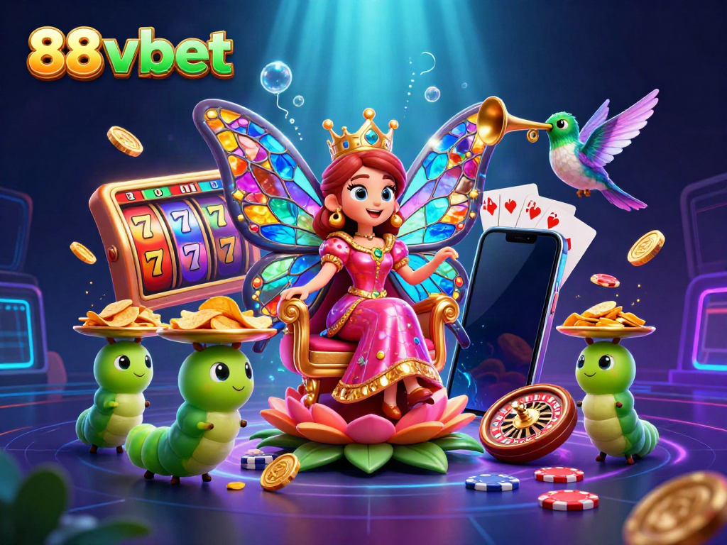 Engage in vibrant gaming with 88 vbet's colorful illustration of butterfly queen and jackpot elements.