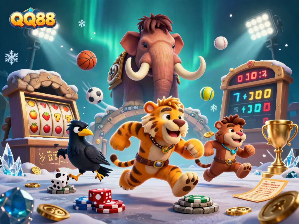Experience thrilling games at QQ88, featuring a vibrant 3D casino scene with exciting slot machines and action-packed sports.