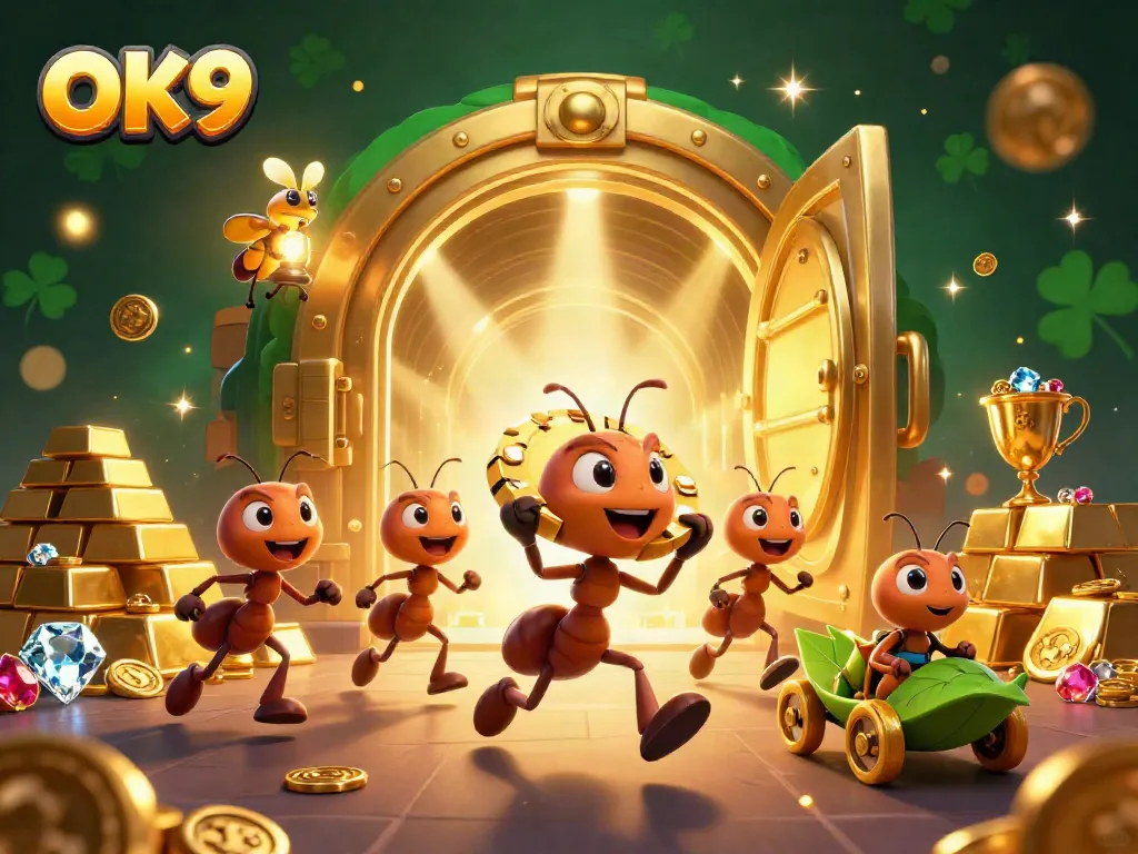 Experience the thrill of winning with OK9 as ants steal a giant poker chip in a colorful gambling adventure.
