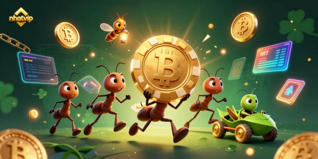 The ants execute a heist, featuring nhatvip's largest poker chip in a vibrant digital casino atmosphere.