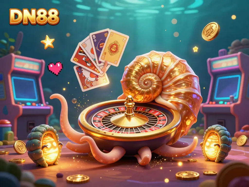 Engage with DN88's thrilling gaming experience, illustrated with colorful casino elements and vibrant sea life.
