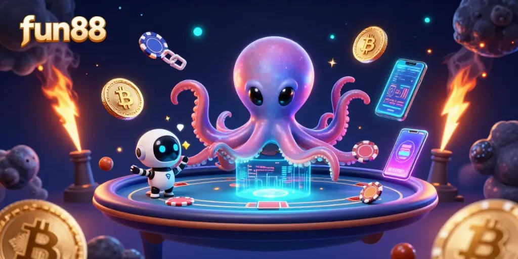 Engage with fun88 as a 3D alien octopus deals poker at an exciting holographic table!