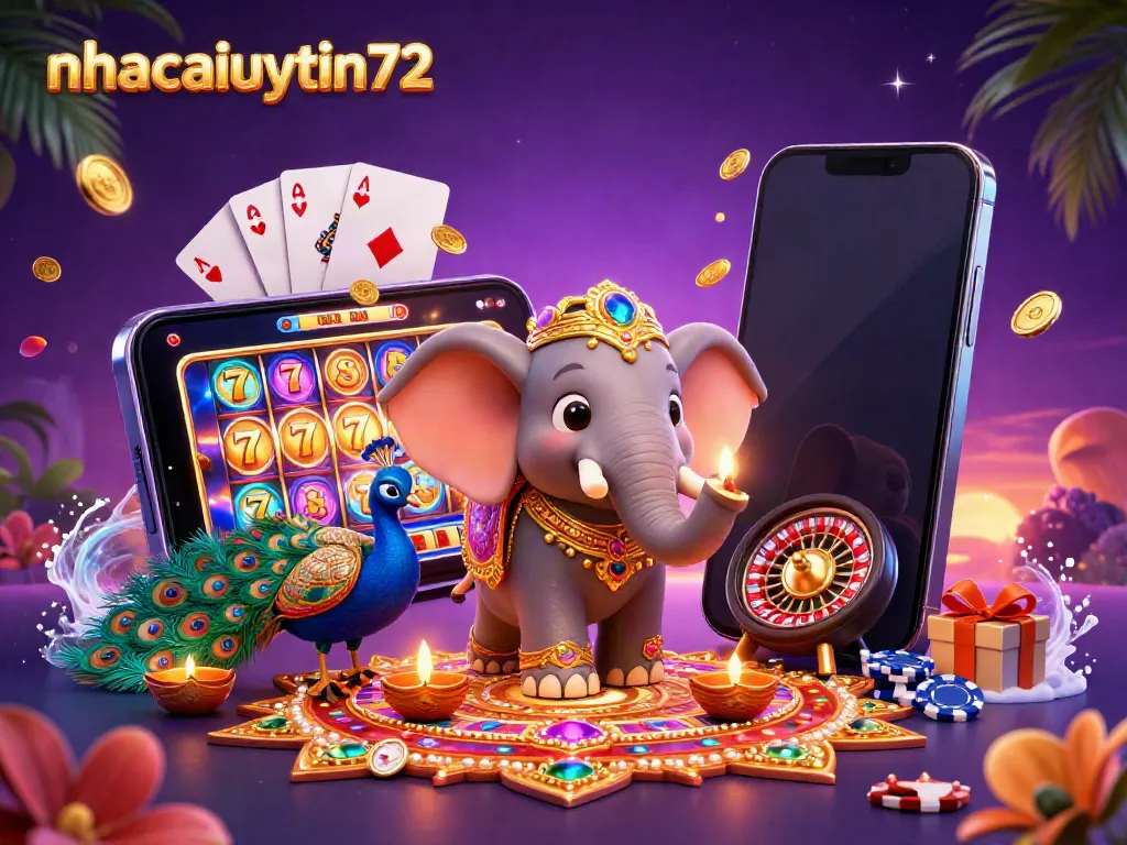 Experience vibrant gaming thrills with nhacaiuytin72, featuring a Diwali-themed elephant and exciting slot game elements.