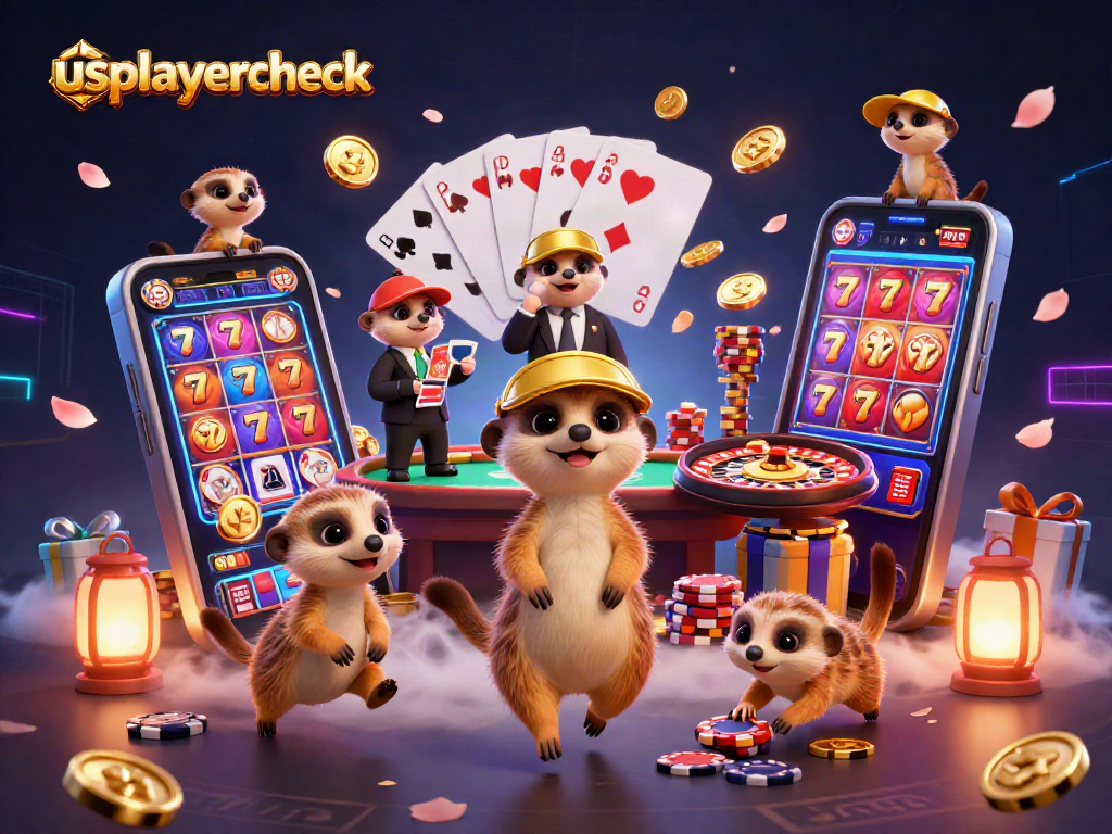 Gamble at usplayercheck with meerkats enjoying a colorful casino operation, lively with slot games and vibrant elements.