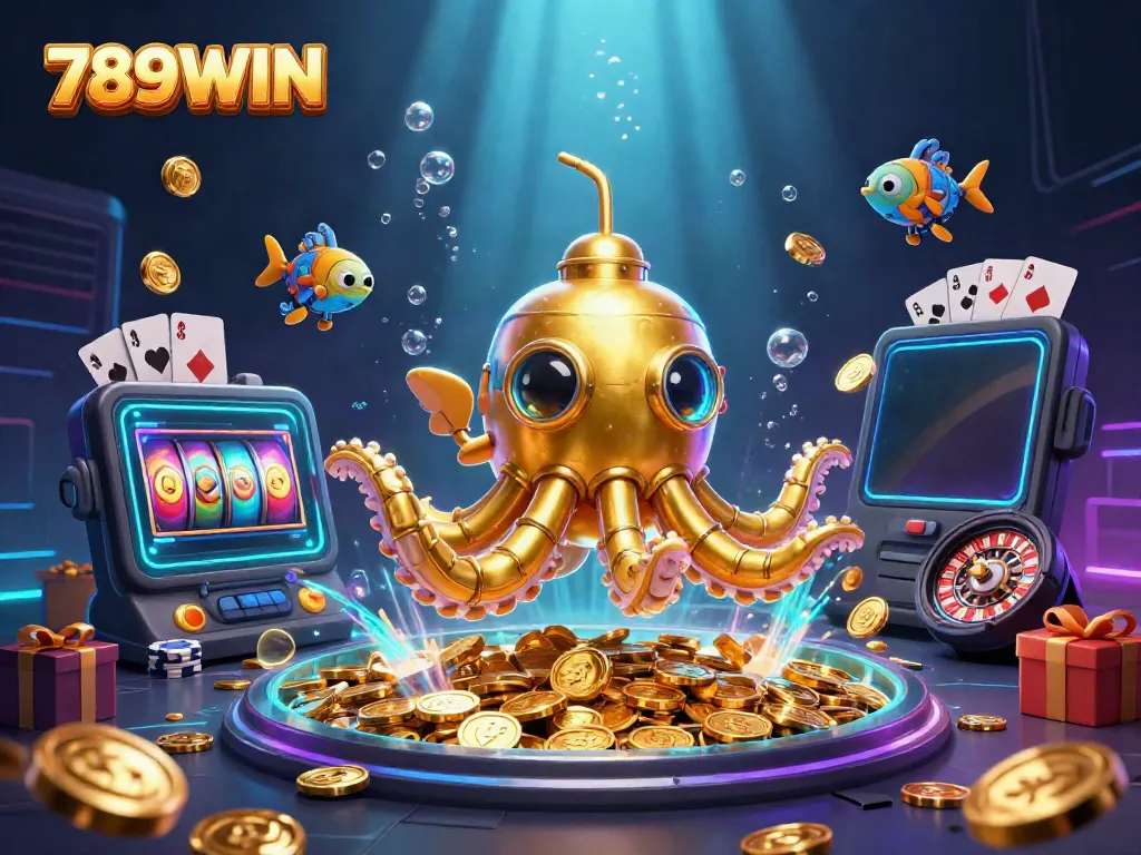 Engage with thrilling gameplay at 789WIN featuring a kraken-like submarine amidst golden coins and casino elements.
