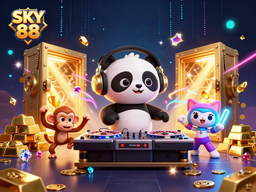 Engage with SKY 88 through a vibrant scene filled with exciting gaming elements and characters.