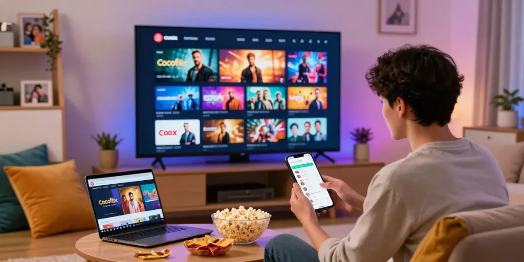 Engaged user navigating the Cocoflix APK on mobile and PC, in a cozy living room.