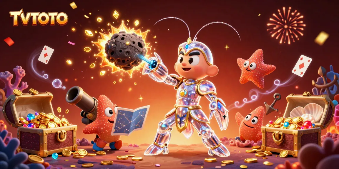 Experience gaming excitement with TVTOTO as the mantis shrimp bursts gems and coins from asteroids in an animated scene.