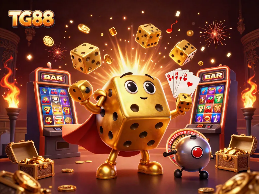 Experience the excitement of TG88 with golden dice characters and a bursting jackpot slot machine in this vibrant casino scene.