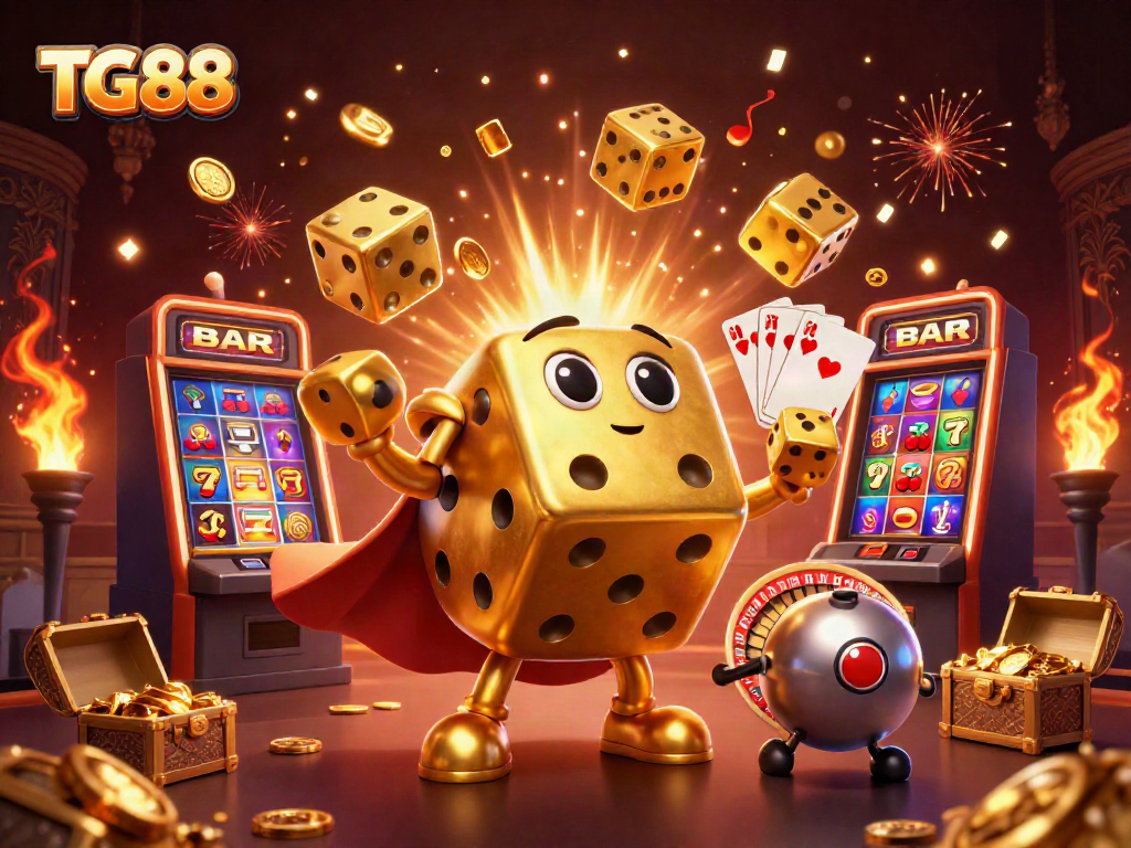 Experience the excitement of TG88 with golden dice characters and a bursting jackpot slot machine in this vibrant casino scene.
