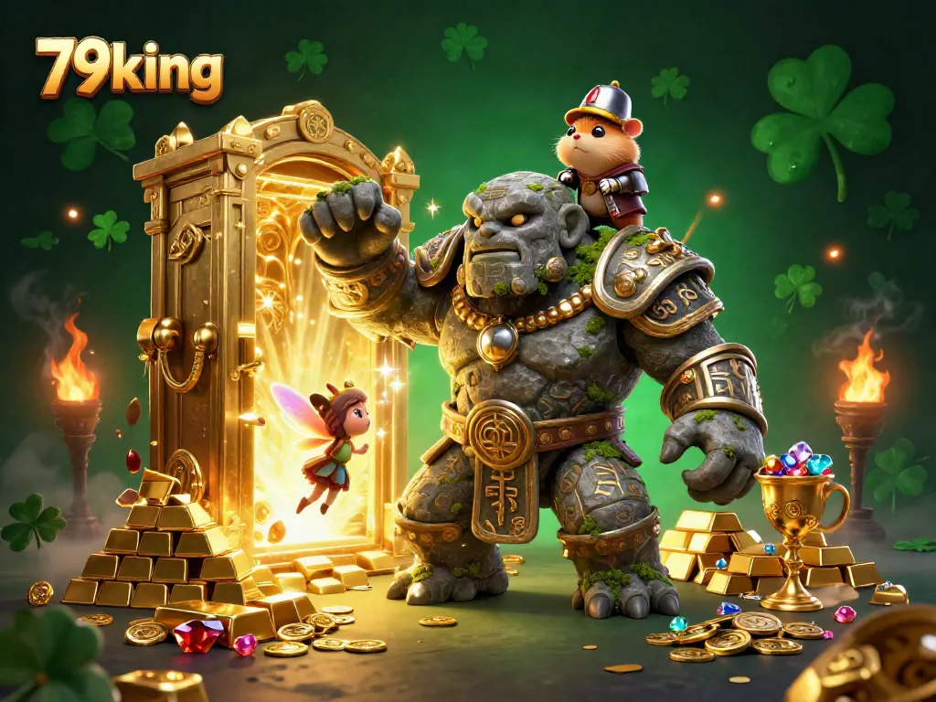 Experience thrilling wins with 79king's enchanting treasure scene filled with gems and gold!