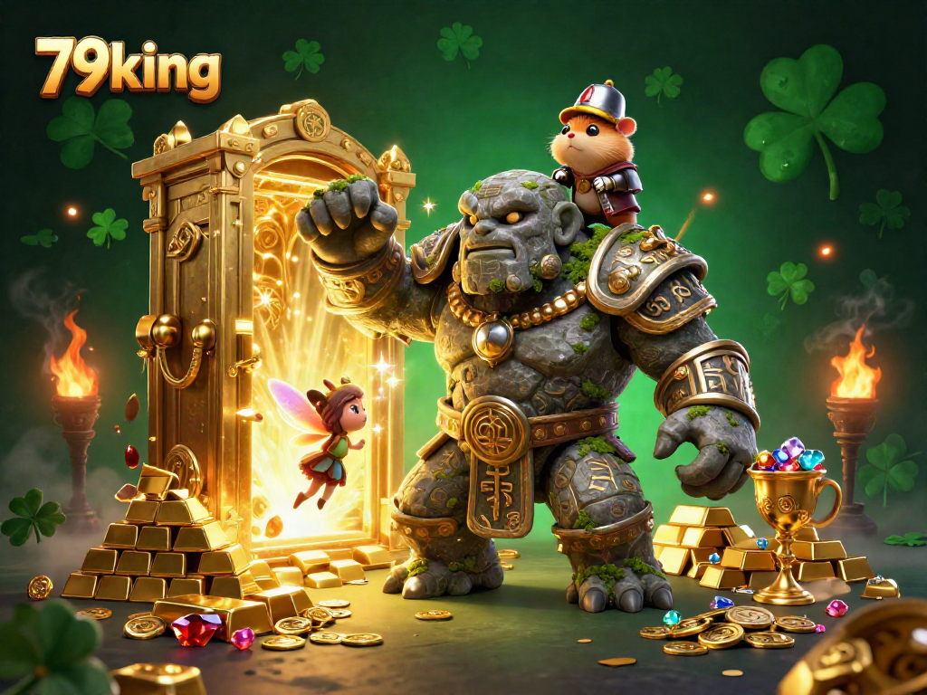 Experience thrilling wins with 79king's enchanting treasure scene filled with gems and gold!
