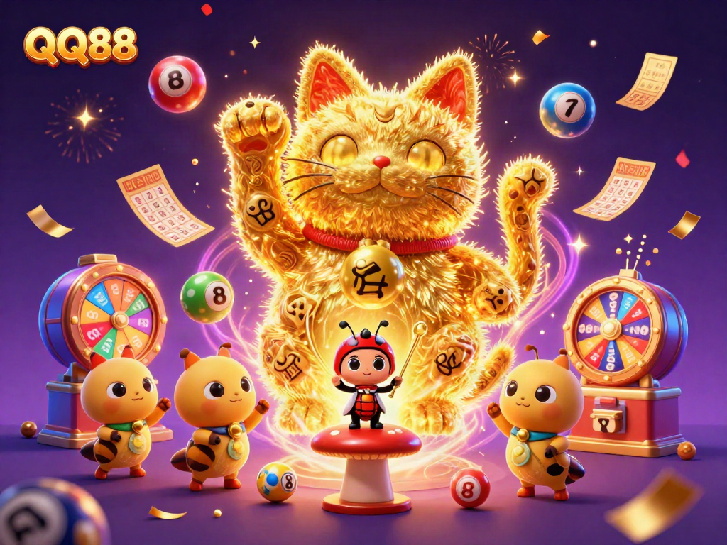 Experience wins with QQ88 illustrated as golden fireflies in a lively casino-themed scene.
