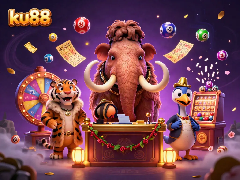 ku88 engages players with a dynamic 3D casino scene featuring vivid lottery elements and animated characters.