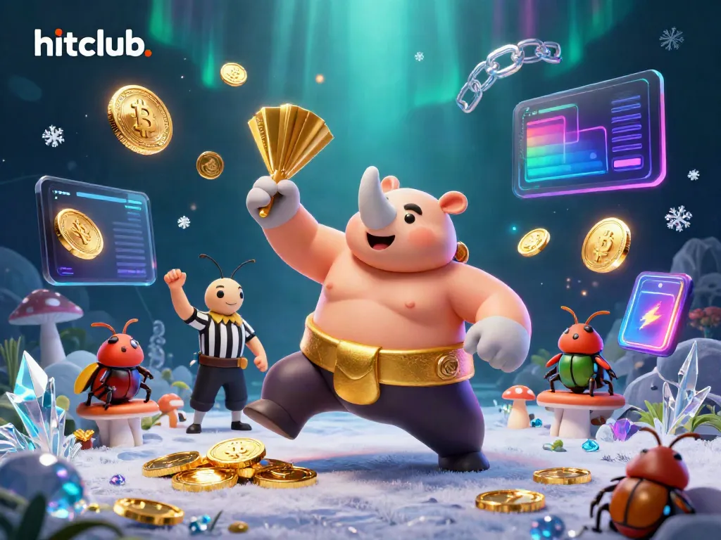Hitclub. showcases a dynamic scene with a rhinoceros beetle champion amid flying coins, enhancing excitement in online gambling.