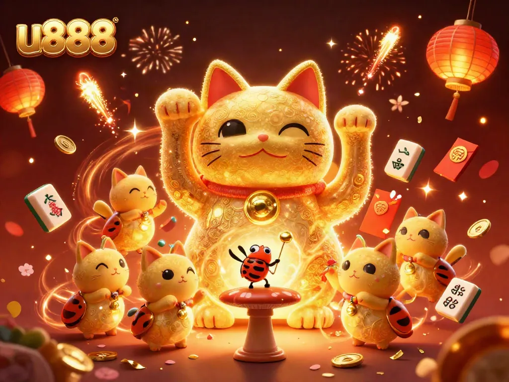 Experience thrilling gameplay with u888 featuring a giant lucky cat and magical casino symbols.