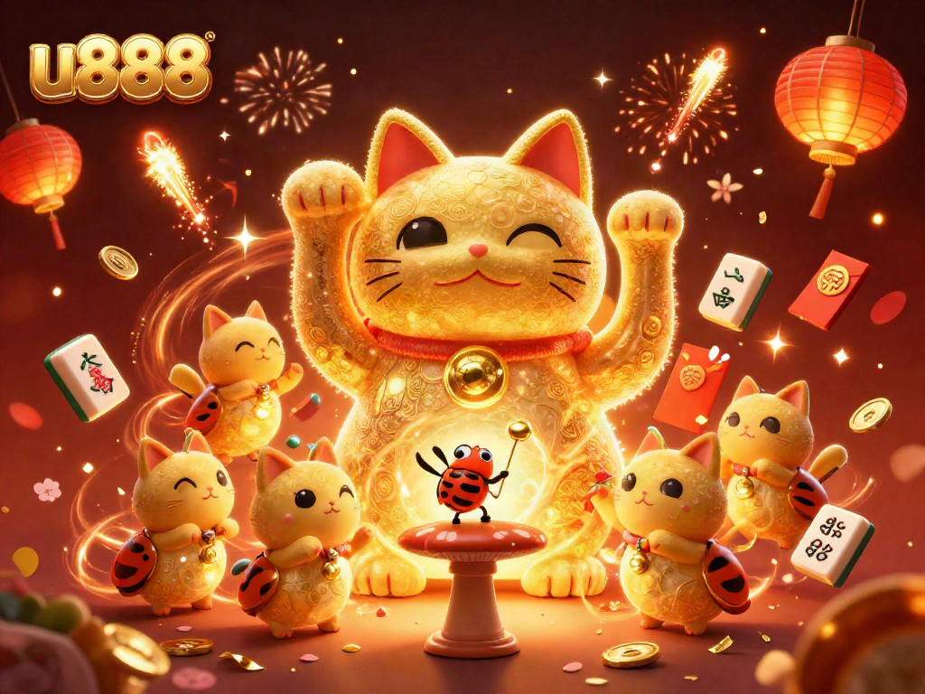 Experience thrilling gameplay with u888 featuring a giant lucky cat and magical casino symbols.