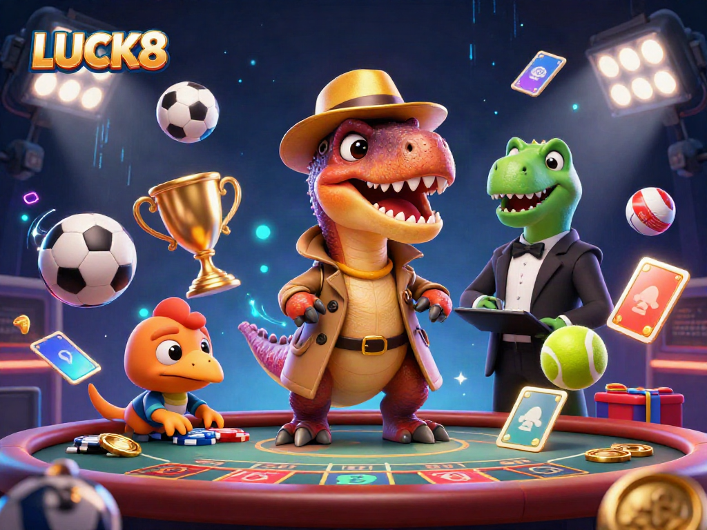 Experience LUCK8 with a 3D velociraptor card counter at a casino blackjack table in a dynamic scene.