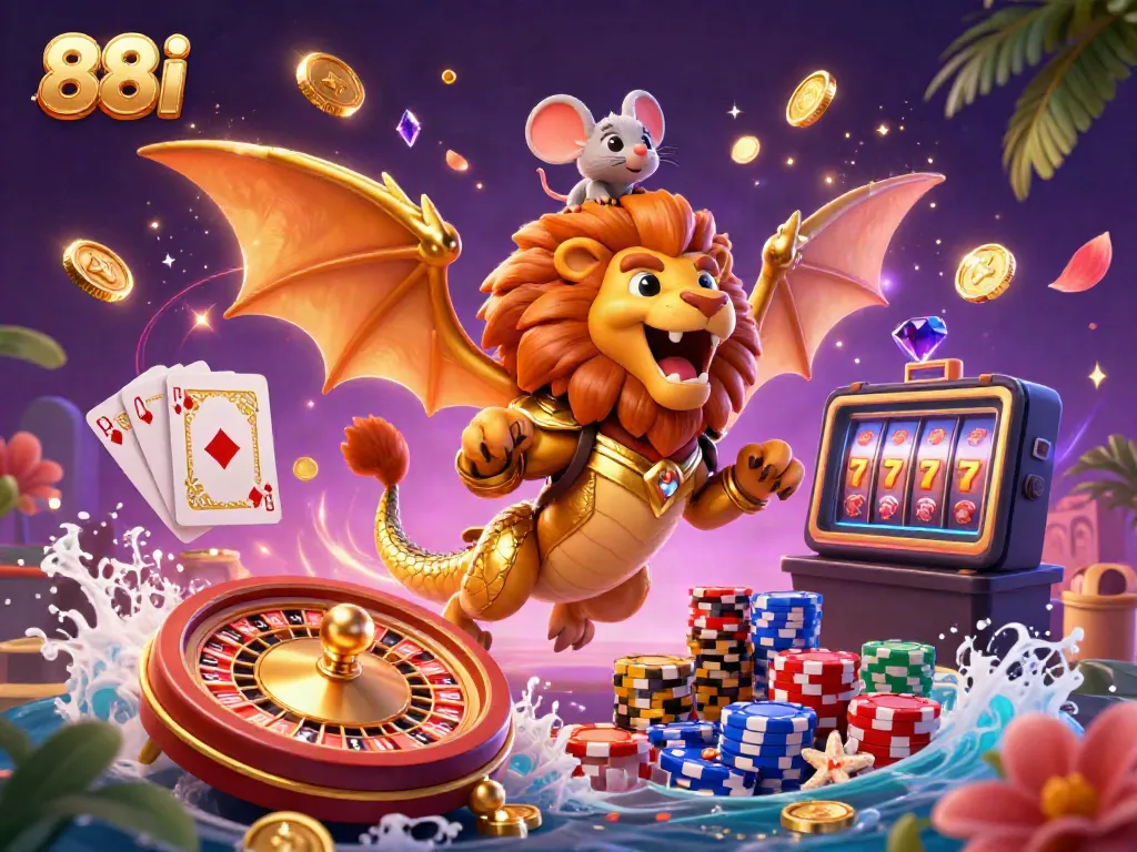 Experience thrilling gameplay at 88i with a roaring chimera and exciting casino elements, embodying a vibrant gambling adventure.