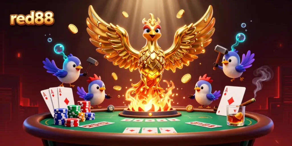 Engage in thrilling gameplay at red88 with a stunning golden phoenix emerging amidst dynamic casino elements.