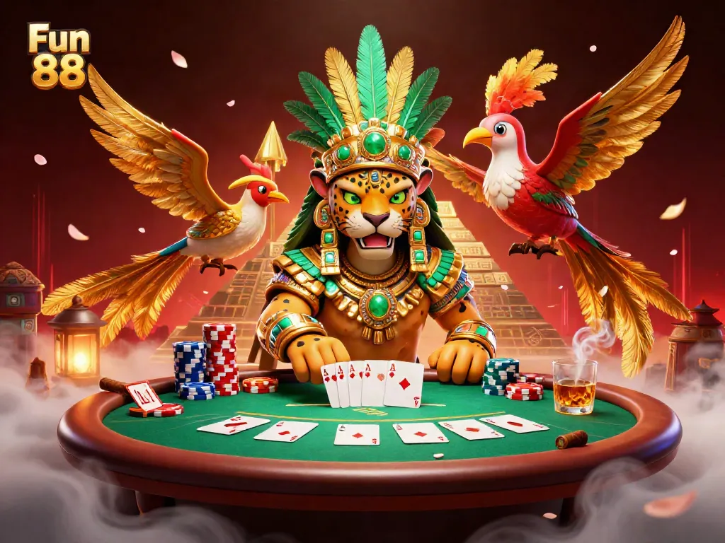 Experience Fun 88 in a dynamic poker scene with colorful chips, cards, and Mayan characters.