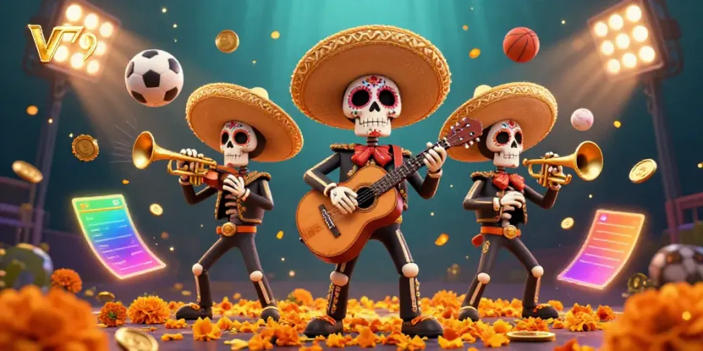 Join the vibrant action at V79 with animated skeleton mariachi musicians amongst sports betting excitement.