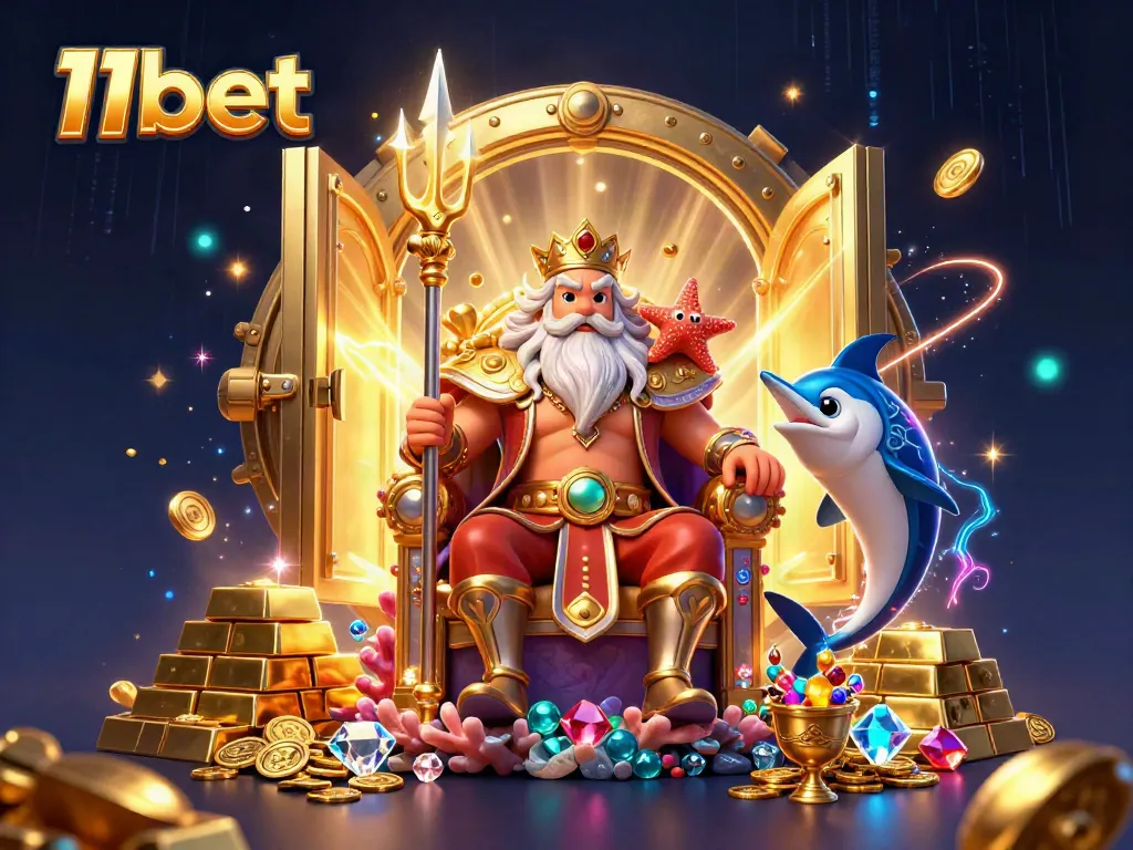 Experience the charm of 11bet with Neptune and treasures in this vibrant casino illustration.