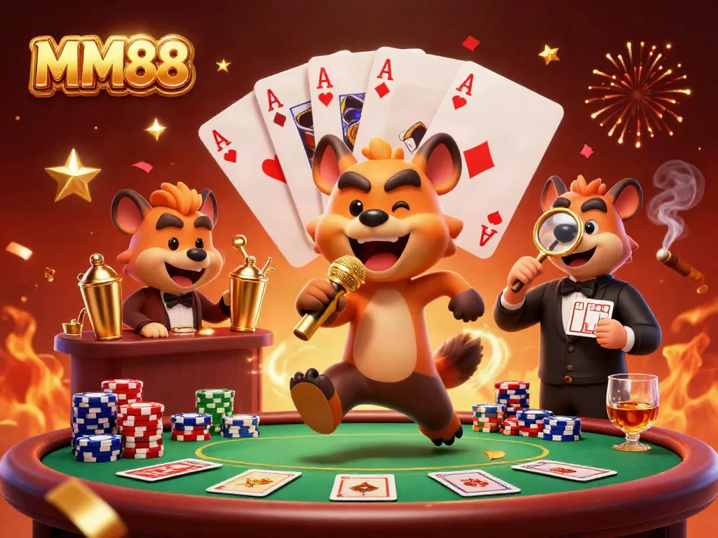 Experience the vibrant MM88 comedy casino scene with hyenas at the poker table, mixing drinks, and engaging in laughter.