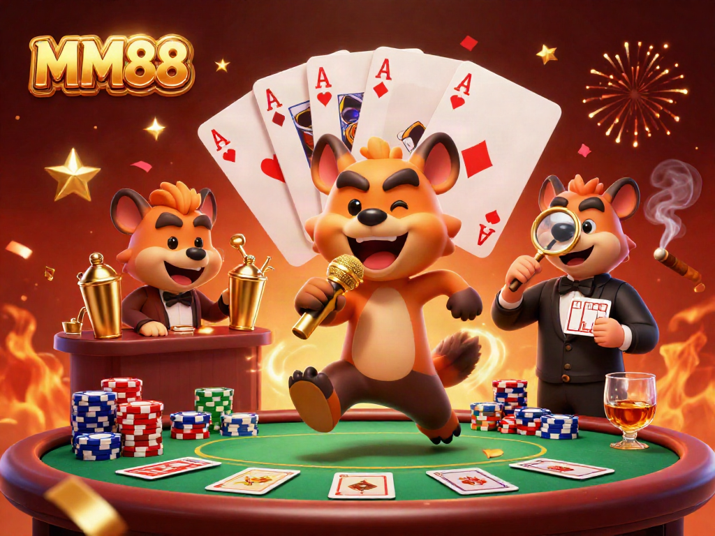 Experience the vibrant MM88 comedy casino scene with hyenas at the poker table, mixing drinks, and engaging in laughter.