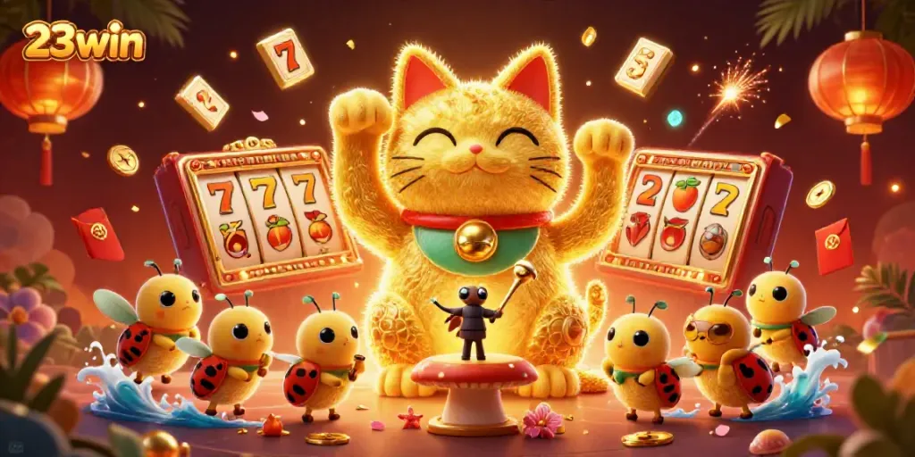 Experience thrilling gameplay at 23win with a captivating lucky cat symbol surrounded by casino elements.