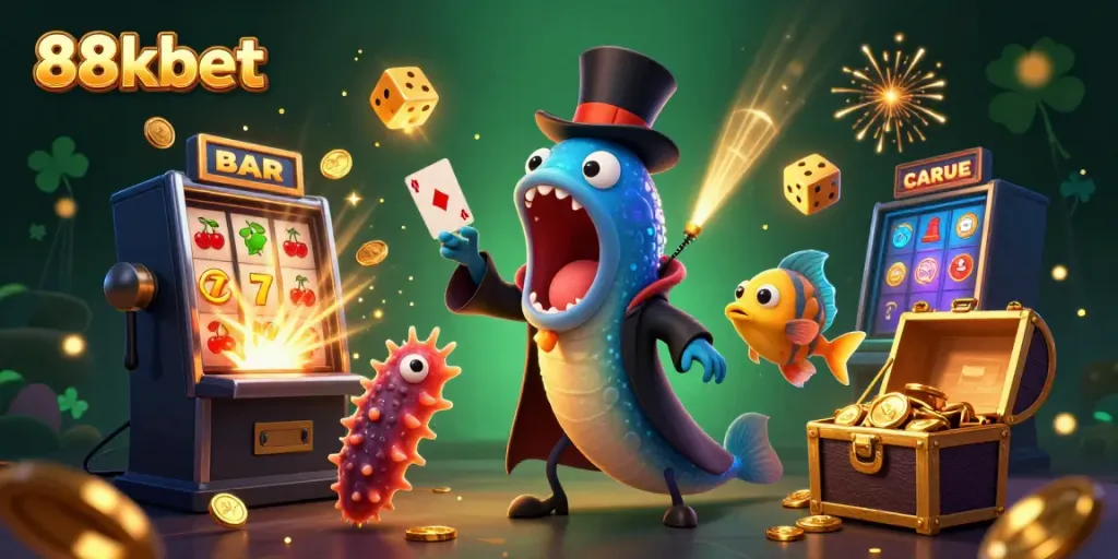 88kbet showcases thrilling card tricks by sea creatures amidst a splash of casino excitement.