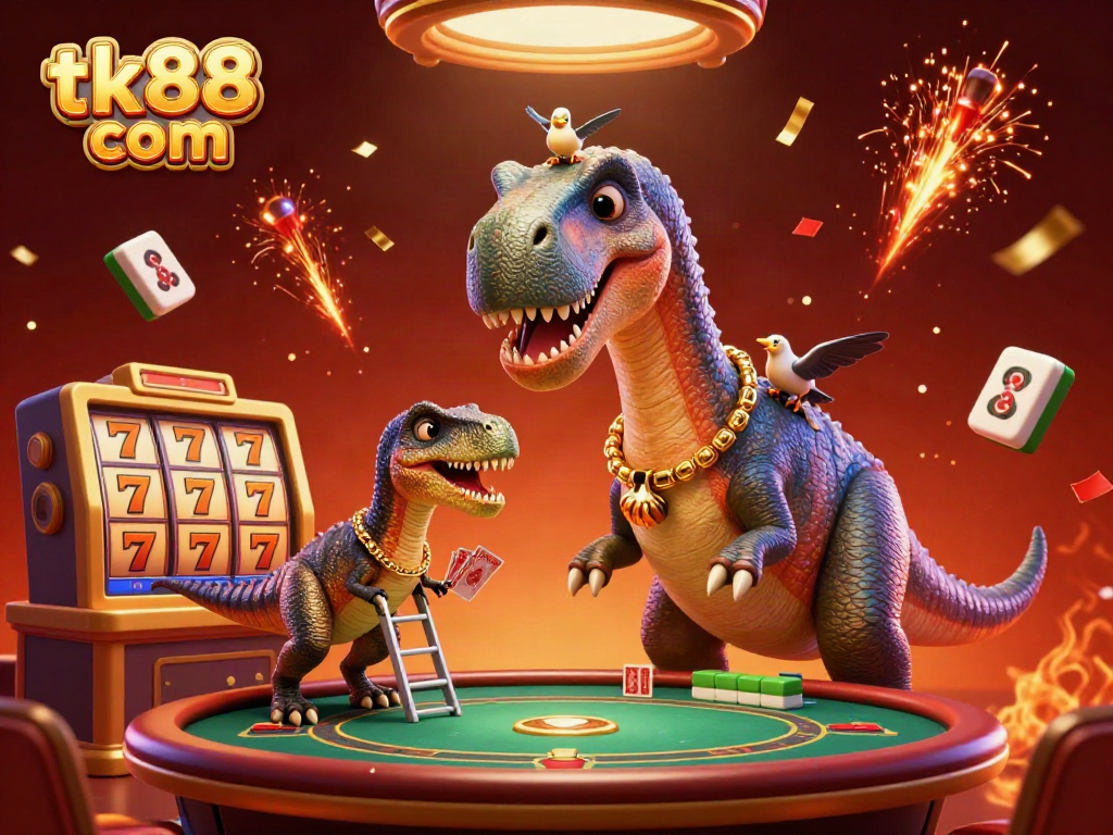Engage with tk88 com's vibrant casino scene featuring a playful brontosaurus and raptor dealing cards.