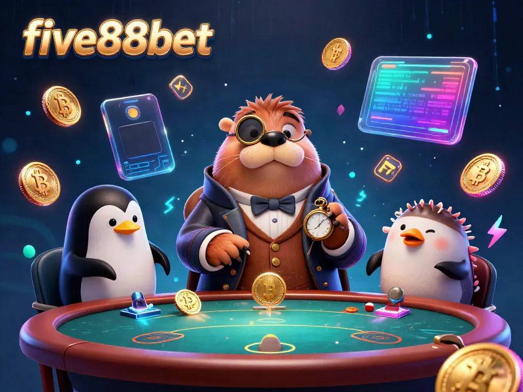 Experience five88bet at an underwater poker showdown with unique characters and vibrant crypto elements.