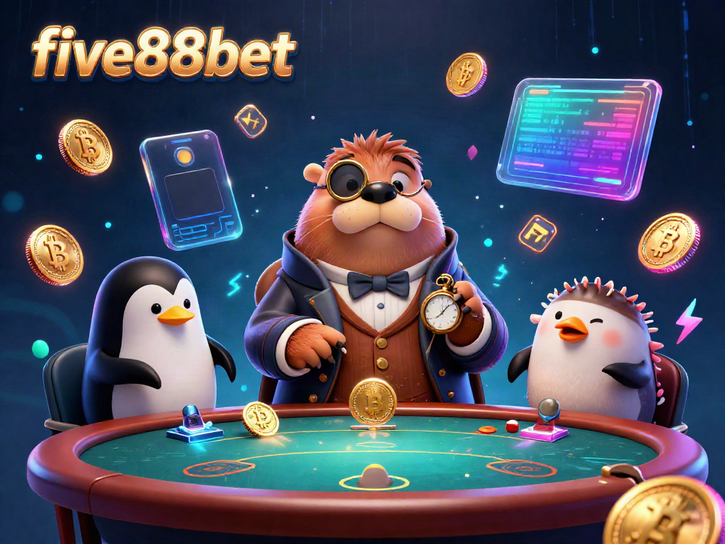 Experience five88bet at an underwater poker showdown with unique characters and vibrant crypto elements.