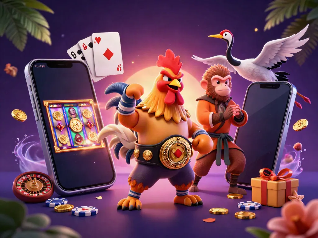 Engage with ALo789's dynamic casino world featuring a fierce rooster, monkey, and crane with vibrant gaming elements.