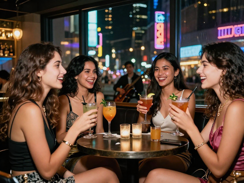 Gái gọi trải nghiệm buổi tối sôi động với bạn bè tại quán bar sang trọng.