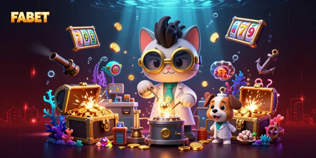 Experience FABET's vibrant gaming world with a 3D scene of casino excitement and action.