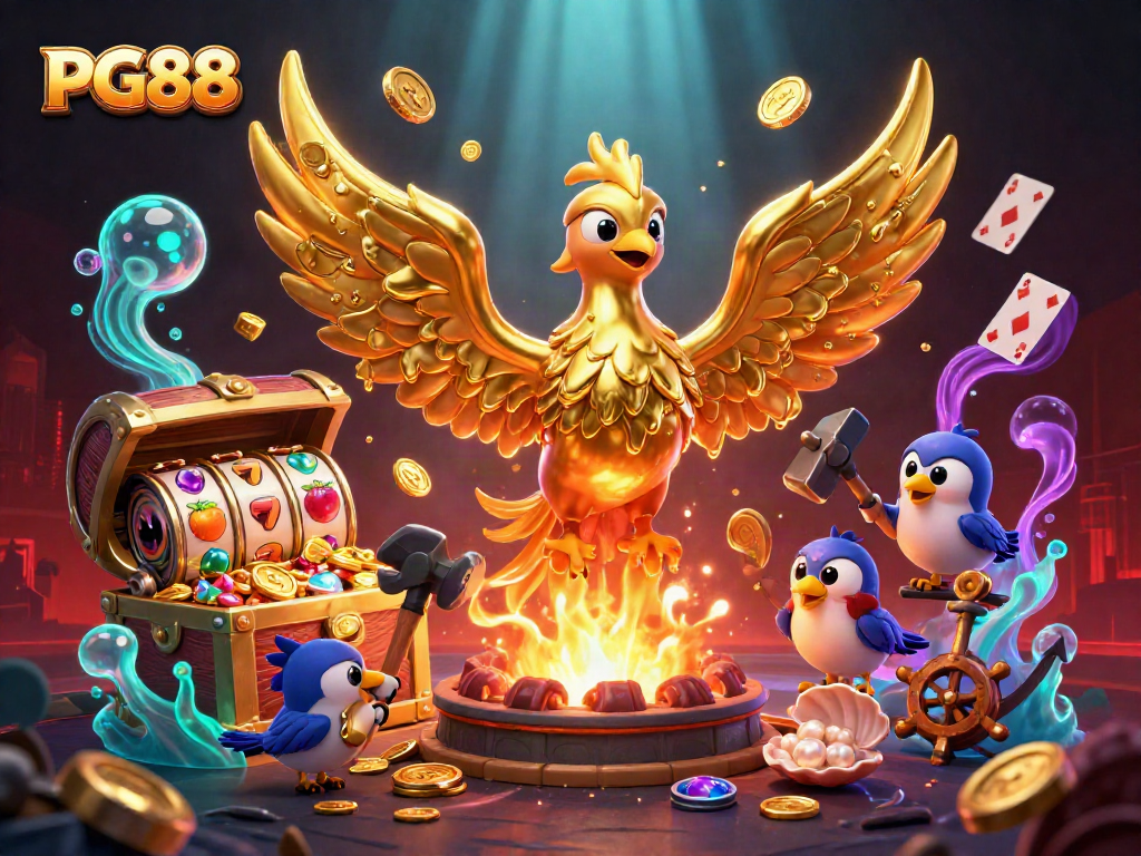 Play and win with PG88 in a vibrant 3D casino scene featuring golden symbols and dynamic elements.