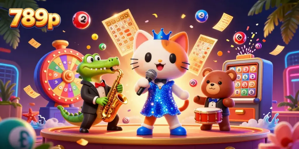Engaging scene with jazz cat, crocodile, and bear, showcasing excitement at 789p casino.