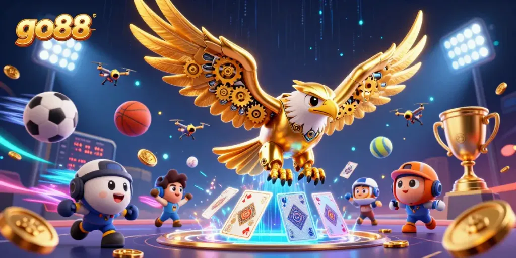 Experience the thrill with go88 as a cybernetic eagle dives through holographic cards and sports elements.
