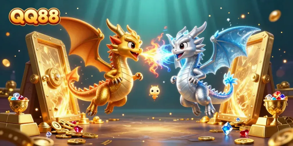 Engage with QQ88's vibrant gaming world featuring dynamic dragons and overflowing treasure.