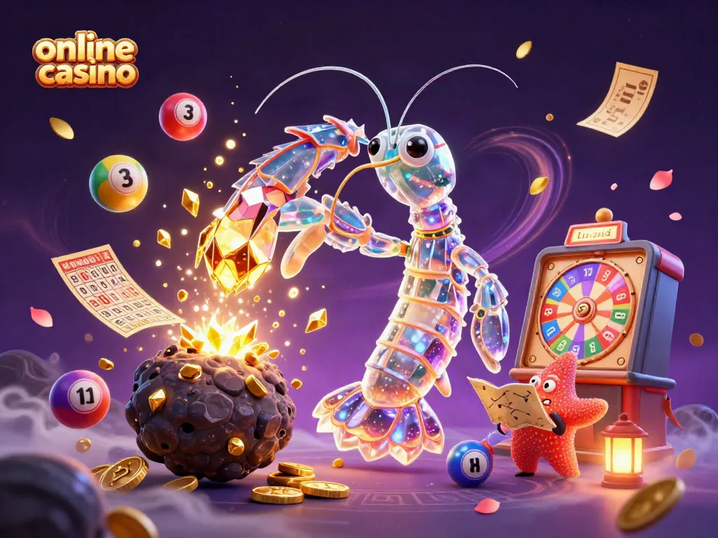 Experience the excitement of an online casino in this vibrant 3D illustration featuring a mantis shrimp and starfish.