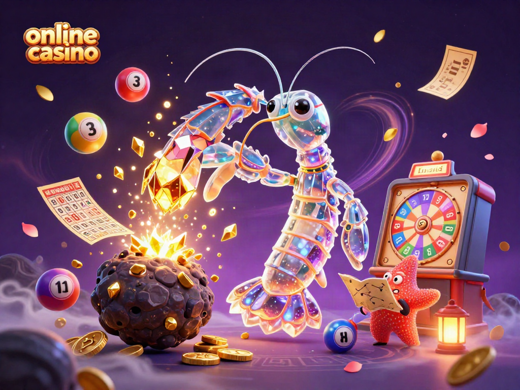 Experience the excitement of an online casino in this vibrant 3D illustration featuring a mantis shrimp and starfish.
