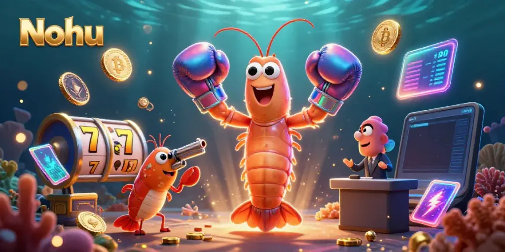 Nohu's colorful casino adventure begins with a playful mantis shrimp and friends surrounded by jackpot slots and vibrant crypto elements.